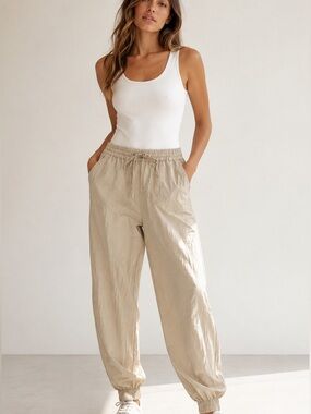 Zara Beige Lightweight Nylon Jogger Pants Size S